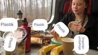 Viden Skaber. Meme med Greta Thunberg med meget plastik emballage