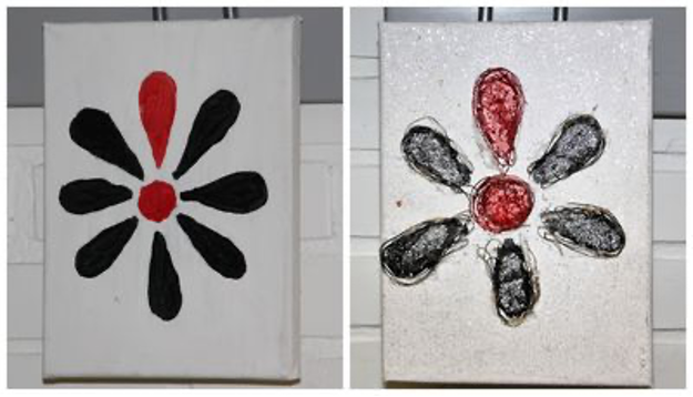 To små malerier af Knæk Cancer-blomsten med ét rødt blad.