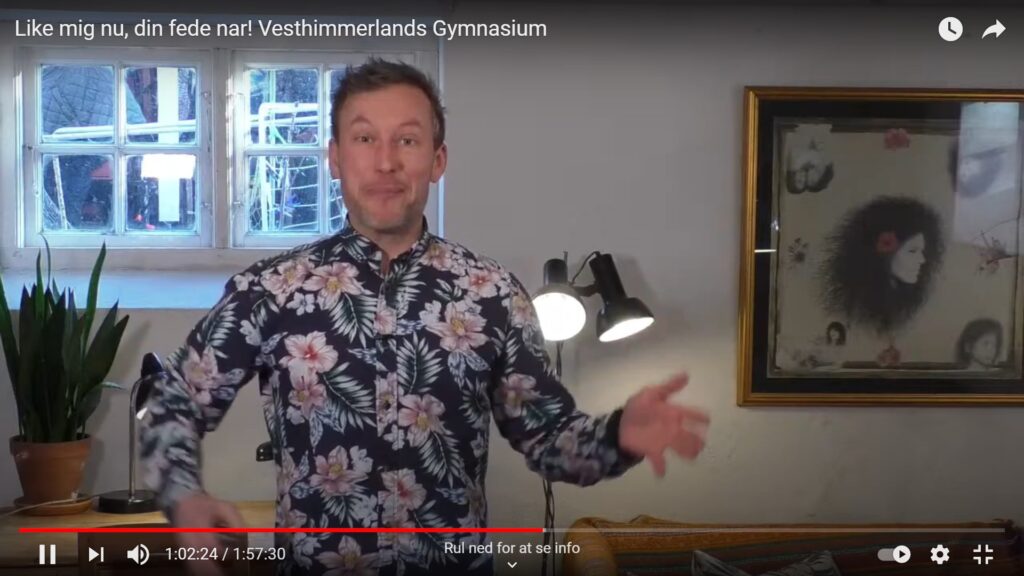 Søren Hebsgaard i færd med at holde virtuelt oplæg for eleverne. Skærmprint fra YouTube.
